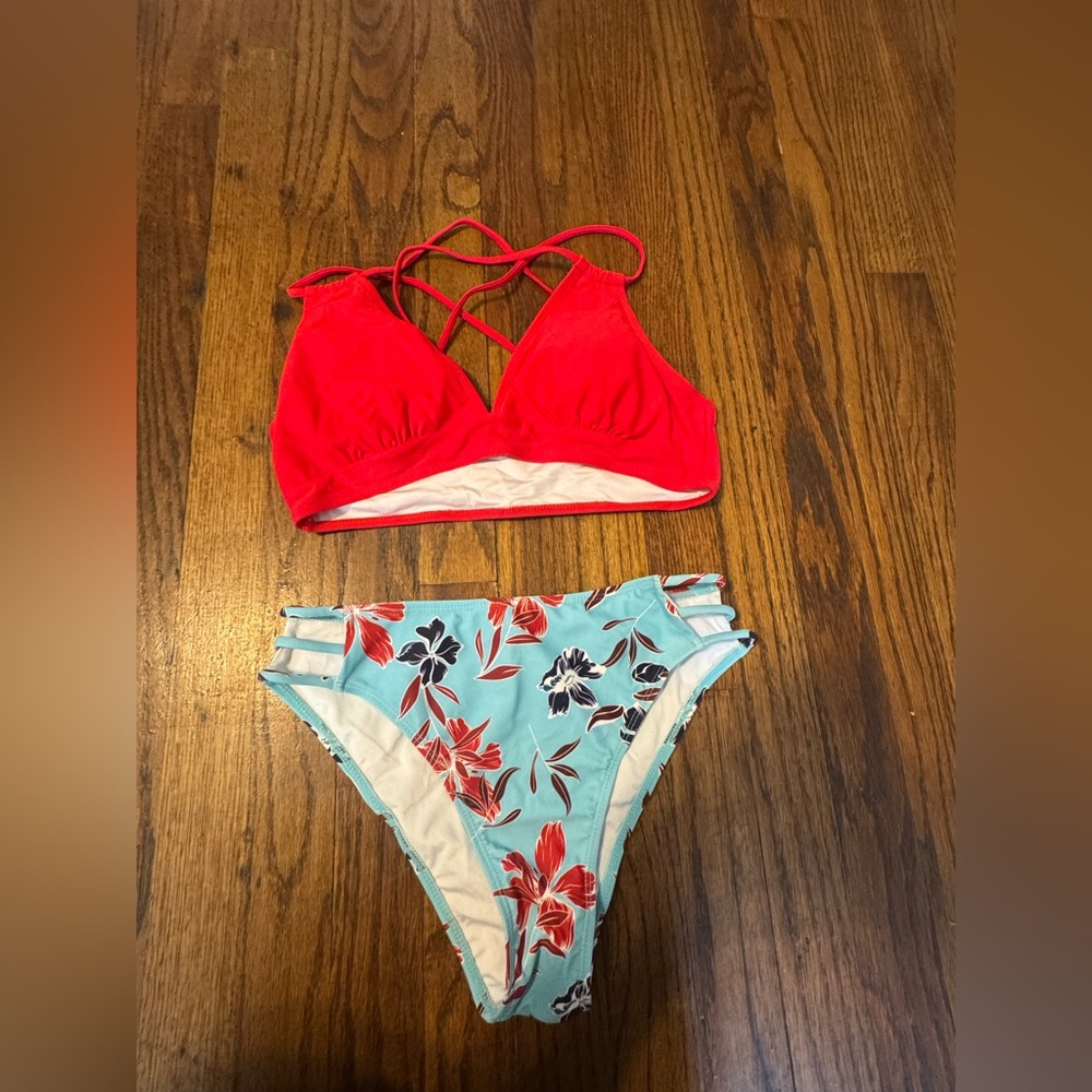 Red and Floral Bikini Set